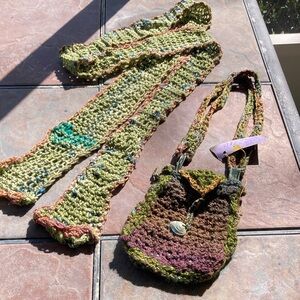 Handcrafted Green Crochet Scarf and Multicolor Crochet Crossbody Bag